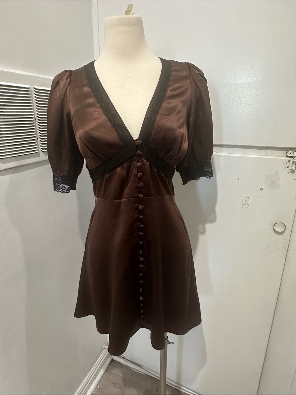 Satin Brown V-Neck Mini Dress with Lace Trim - Picture 4 of 7